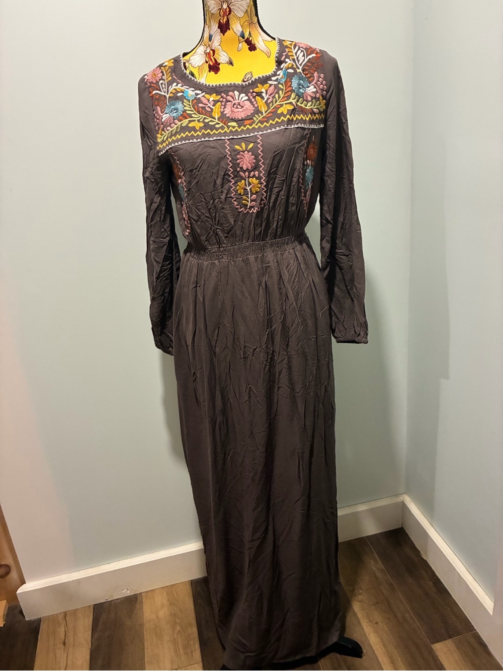 JODIFL Gray Brown Taupe Maxi Dress with Multicolor Floral Embroidery -Size Small